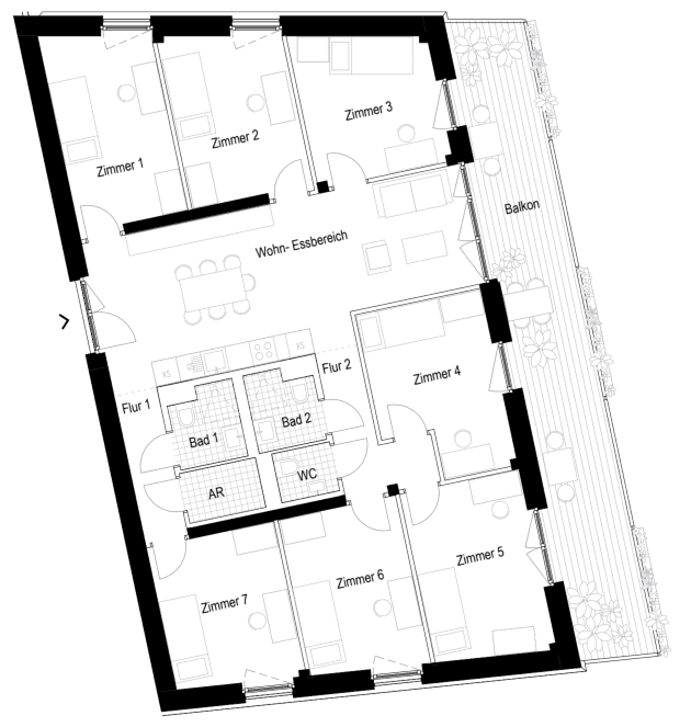 Grundriss der WG-Wohnung ME 013 im Haus Diana: sieben Zimmer, Wohn- und Essbereich mit Balkon, zwei Bäder, separates WC, Abstellraum und zwei Flure