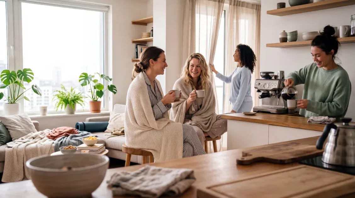 Vier junge Frauen trinken Kaffee in einer hellen Wohnküche mit Sofaecke und Pflanzen